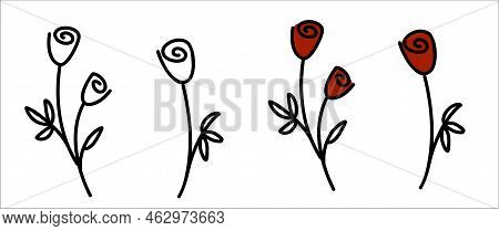 Red And White Roses. Set Illustration Elements. In A Simple Doodle Style.