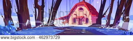 Fantasy House In Winter Forest. Old Stone Shack Stand In Wood Surrounded With Snow And Trees Under F