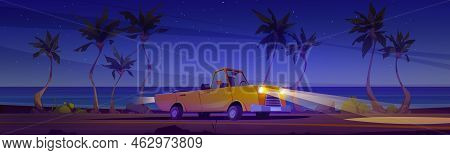 Car Driving Road Along Night Beach. Automobile Travel At Tropical Landscape With Palm Trees Along Oc
