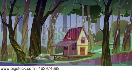 Wooden Stilt House At Summer Forest In Rainy Weather. Old Shack With Terrace On Piles In Deep Wood W