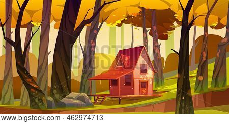 Wooden Stilt House In Autumn Forest. Old Shack With Terrace On Piles In Deep Wood With Falling Sun B