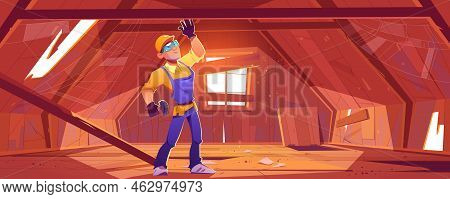 Repairman On Old Attic With Broken Roof And Floor, Clutter And Spiderweb. Vector Cartoon Illustratio