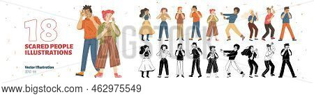 Set Of Scared People, Afraid Characters In Shock And Panic. Diverse Terrified, Frightened, Surprised