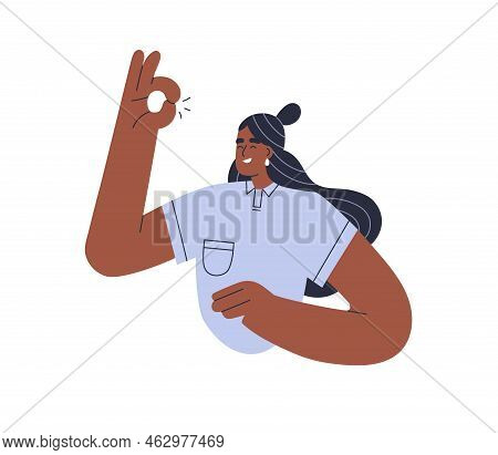 Happy Black Woman Gesturing Ok With Hand. Smiling Excited Young Girl With Yes, Okay, Approval, Good,