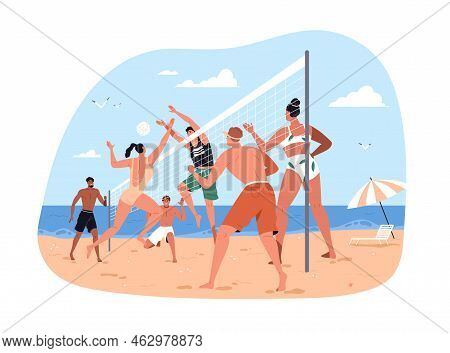 Summer Beach Volleyball. Young People Friends Playing Volley Ball With Net On Sand Court At Sea Shor