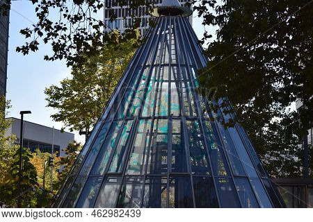 Frankfurt, Germany - 09 30 2022: Glass Pyramid In Frankfurt