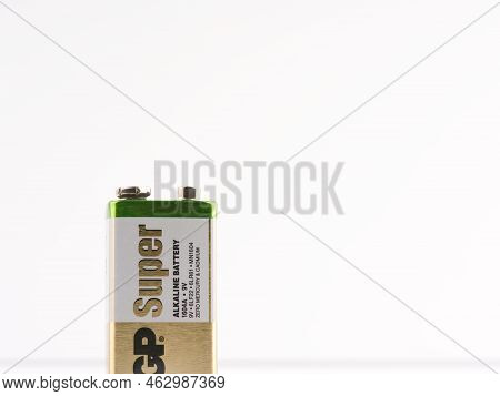 Moscow, Russia-september 16, 2022: 9 Volt Battery On A White Background. Space For Text