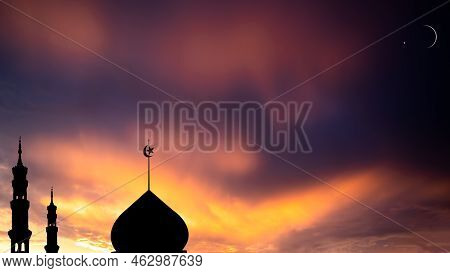 Mosques Dome Crescent Moon On Yellow Sky Background,new Year Muharram Asia Religious Muslim,ramadan 