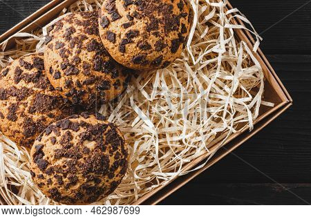 Box Of Homemade Chocolate Chip Cookies. Dropped Cookie. Chocolate Chip Cookie