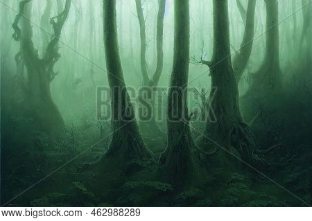 A Moody, Ethereal Lush Woodland Forest With A Bent