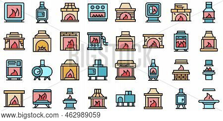 Furnace Icons Set Outline Vector. Industrial Gas. Air Burn Thin Line Color Flat On White
