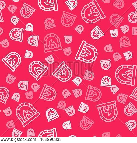 White Line Blacksmith Oven Icon Isolated Seamless Pattern On Red Background. Vector