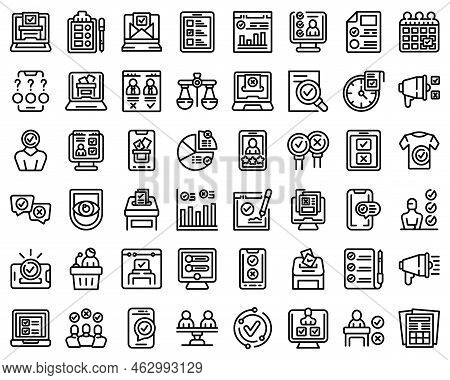 Electronic Voiting Icons Set Outline Vector. Vote Phone. Digital Election