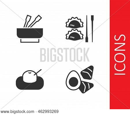 Set Chicken Egg With Vegerables, Asian Noodles In Bowl, Mochi And Dumpling Chopsticks Icon. Vector
