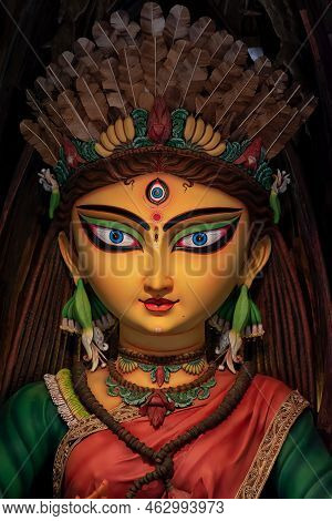 Goddess Durga Devi Idol Decorated At Puja Pandal In Kolkata, West Bengal, India. Durga Puja Is Bigge