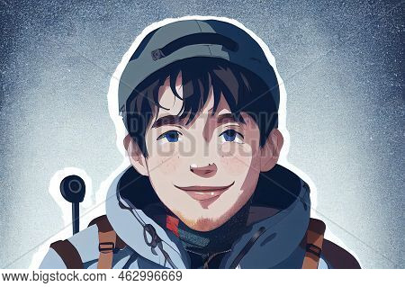 Man Hiker Hiking In Mountain Forest Wearing Cold Weather High Quality 2d Illustration.