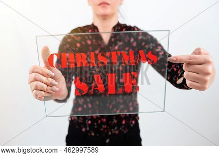 Text Caption Presenting Christmas Sale. Word For Period During Which A Retailer Sells Goods At Reduc