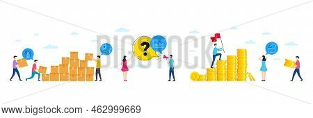 Set Of Money Transfer, Money Diagram And Difficult Stress Line Icons. People Characters With Deliver