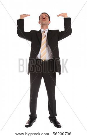 Front view of a businessman lifting his arms. Extra copy space. All isolated on white background.