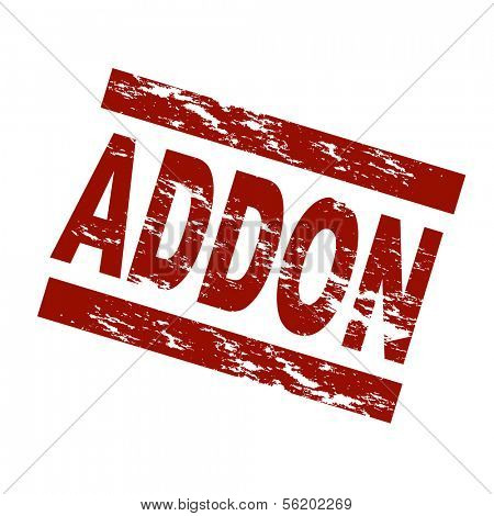 Stylized red stamp showing the term addon. All on white background.