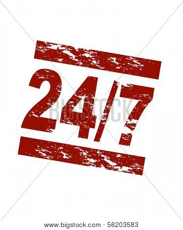 Stylized red stamp showing the term 24/7. All on white background.
