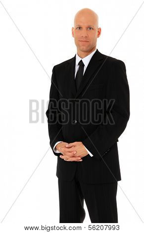 Attractive businessman wearing black suit. All on white background.