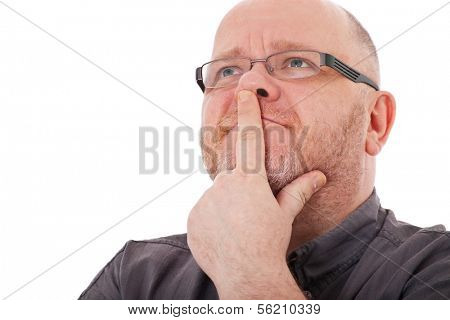 Charismatic adult man deliberates a decision. All on white background.