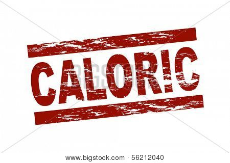 Stylized red stamp showing the term caloric. All on white background.