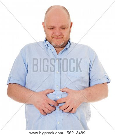 Charismatic adult man feels unwell. All on white background.