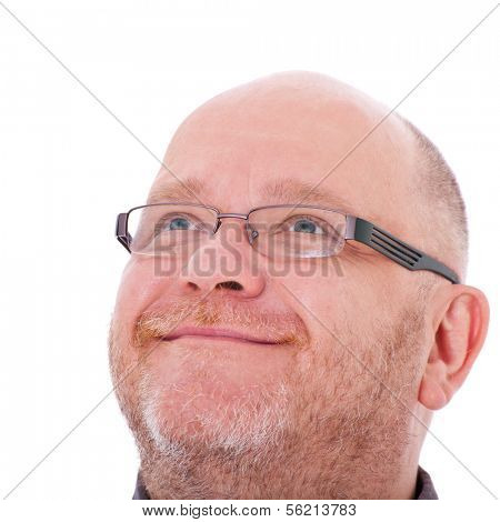 Charismatic adult man looking up. All on white background.