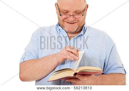 Charismatic middle aged man reading book. All on white background.