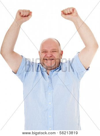 Cheering charismatic middle aged man. All on white background.