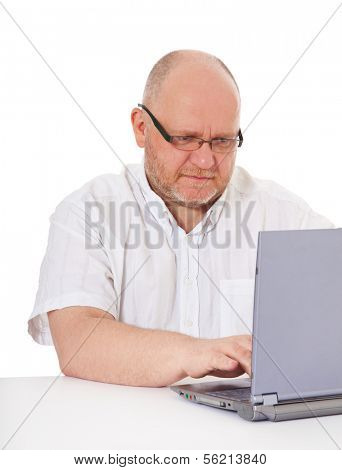 Charismatic middle aged man with laptop. All on white background.