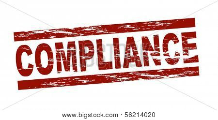 Stylized red stamp showing the term compliance. All on white background.