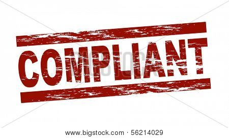 Stylized red stamp showing the term compliant. All on white background.