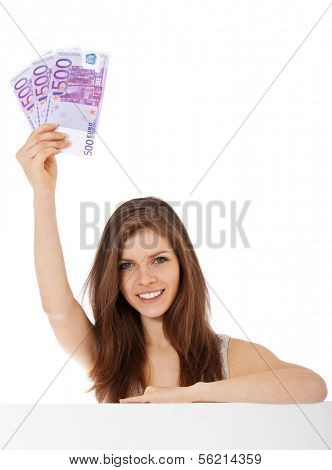 Attractive teenage girl holding 1500 euro. All on white background.