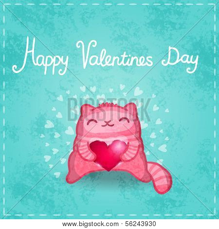 Happy Valentines card. Cute cat with heart.