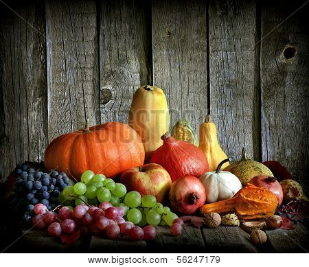 Fruits and vegetables with pumpkins