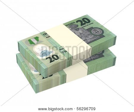 Nigerian nairas isolated on white background. Computer generated 3D photo rendering.