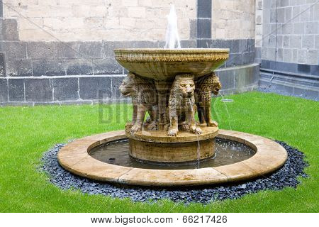 The Lion Fountain In The Courtyard Of The Maria Laach Abbey In Germany