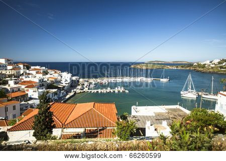ANDROS, GREECE - APR 29, 2014: Marina of Andros, is the northernmost island of the Greek Cyclades archipelago in the Aegean Sea - area is 380 km2, 40 km long, and its greatest breadth is 16 km.