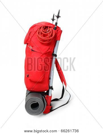 Travel bag with mountaineering equipment.