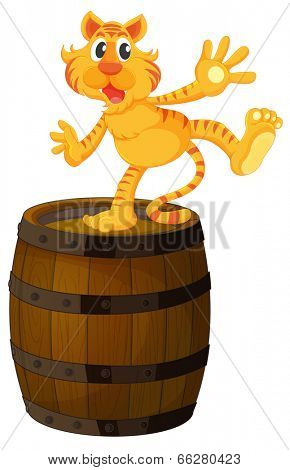 Illustration of a tiger above the wooden barrel on a white background