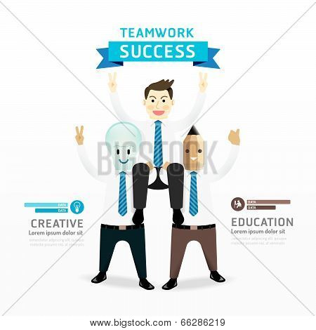 Teamwork Of Successful Businessman Cartoon Infographic Design Concept .with Lightbulb And Pencil Bus