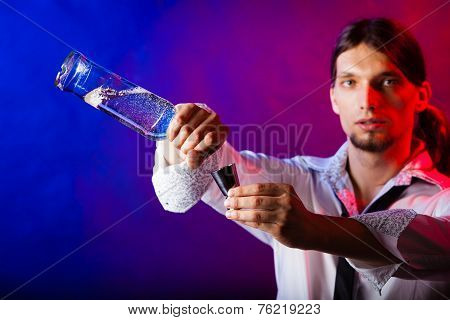 Young Man Bartender Preparing Alcohol Drink