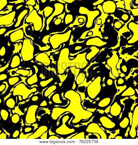 Abstract paint splatter. Bright yellow marble like splat background. Splotches on black.