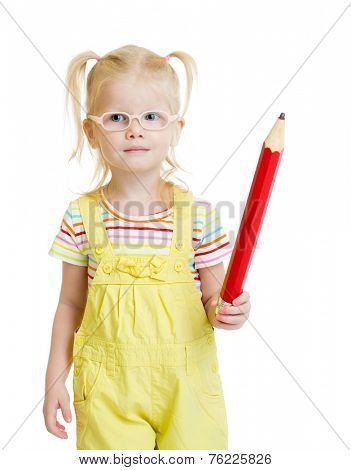 Funny kid in eyeglasses with red pencil isolated 