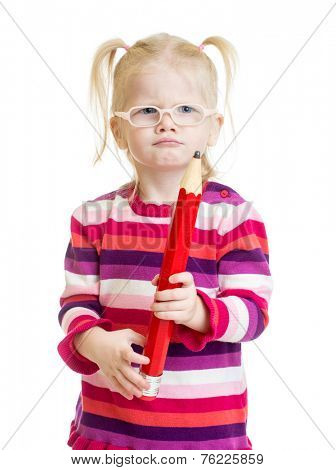 Funny kid in eyeglasses with red pencil isolated on white