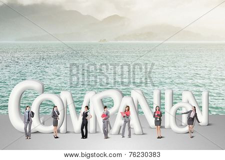 Concept of partner, friends,collaborate with group of business people stand with 3d text. 