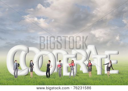 Concept of partner, friends,collaborate with group of business people stand with 3d text. 